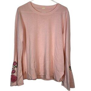 Pullover Sweater Medium Pale Pink Floral Embroidered L/S Bell XXL EUC #1315-AZ